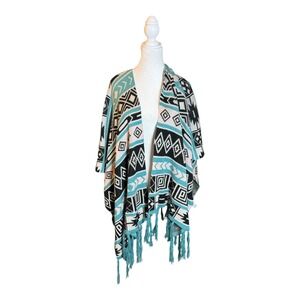 Charlotte Russe Boho Kimono Cardigan Medium Aztec‎ Turquoise Fringe Open Front